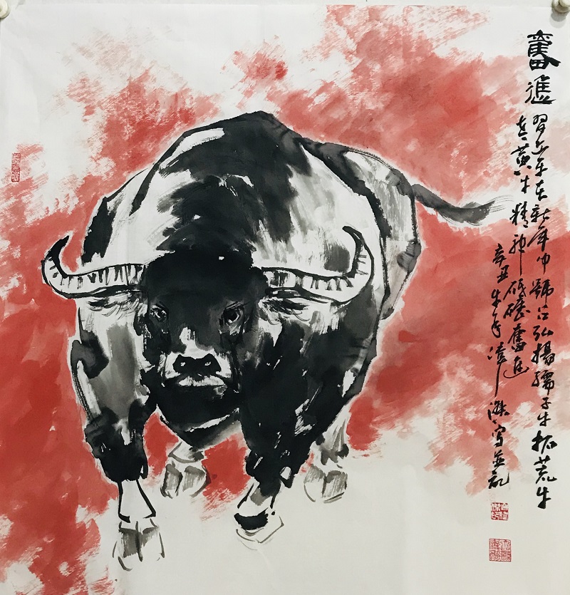 吕伟杰作品《奋进》，寓意弘扬孺子牛、拓荒牛、老黄牛的精神，砥砺奋进。