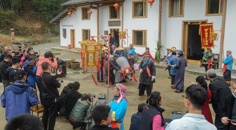 摄影家与游客齐聚观看非遗文化“崇义舞春牛”表演。