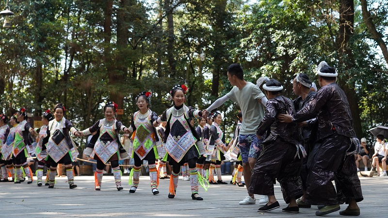 2021年10月5日，从江县丙妹镇岜沙景区表演场上，当地苗族人民正与游客进行“苗族婚俗”互动环节。 (1)