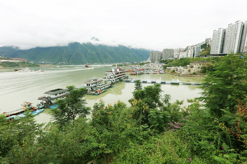 图5：巫山港区数十座码头全部移升到位锚固。2021年10月20日，摄于重庆市大宁河龙门港航基地。唐探峰