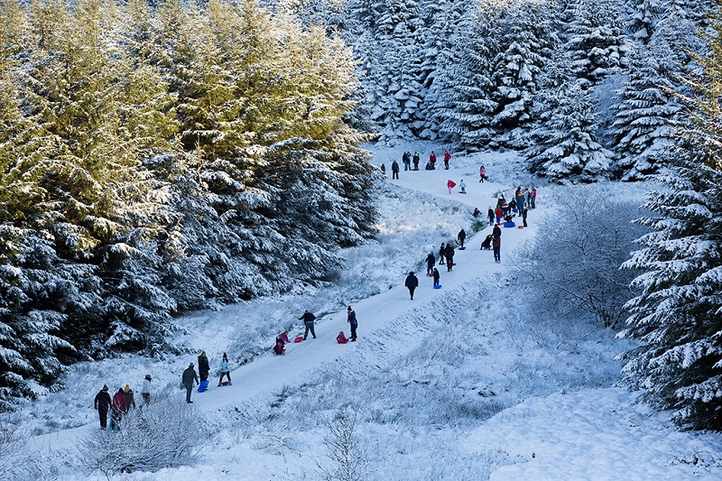 人们在英国苏格兰格拉斯哥的坎普西丘陵的雪地上行走