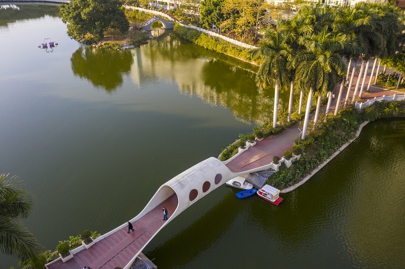 4、2021年12月14日，航拍市民在广西梧州市潘塘湿地公园散步。