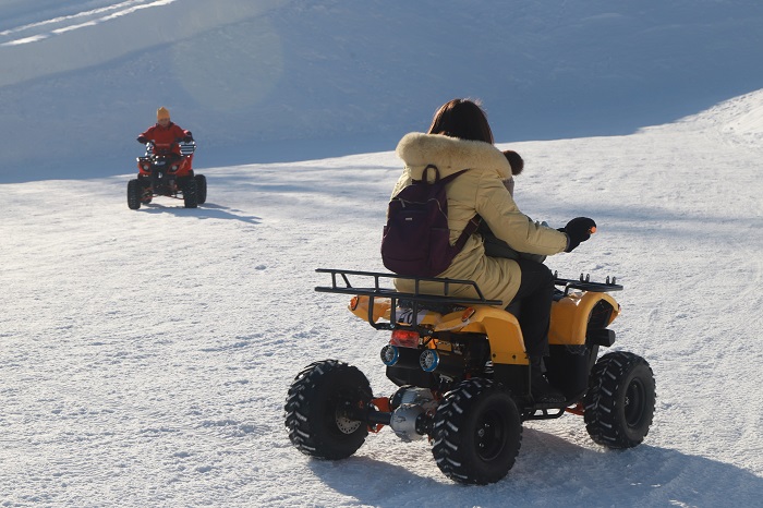 在阿勒泰市桦林冬奥冰雪乐园开卡丁车的游客