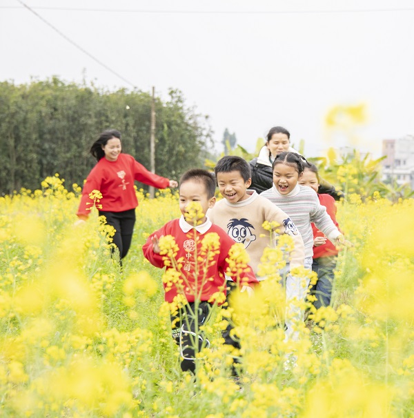 12、2022年2月15日，廣西梧州岑溪市歸義鎮金雞村羅許垌的油菜花盛開，如畫的美景吸引大批游客前來踏青觀花，打卡拍照。（何華文）