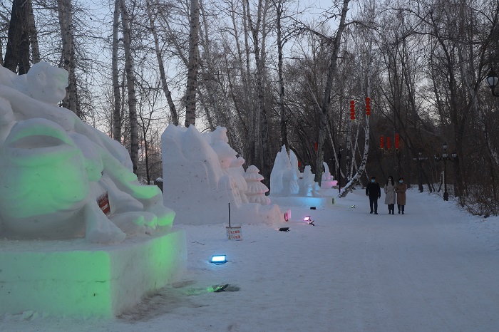 观赏雪雕的游人