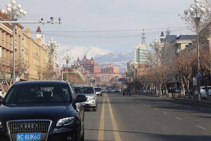 这是2022年3月3日在阿勒泰市解放路拍摄的近处的街景和远处的雪山 (16)