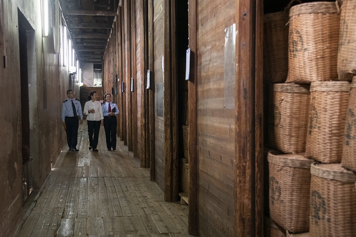 3、2022年4月22日，国家税务总局梧州市税务局工作人员在广西梧州茶厂有限公司木板干仓了解茶企仓库库存及生产经营情况。（何华文）