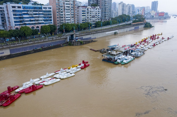 10、2022年6月8日清晨，洪水流过梧州市境内的西江。（何华文）