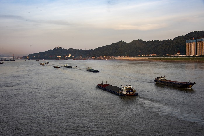 4、2022年7月14日，西江黄金水道广西梧州市区段，货船来往穿梭，交通顺畅，一派欣欣向荣景象。（何华文）
