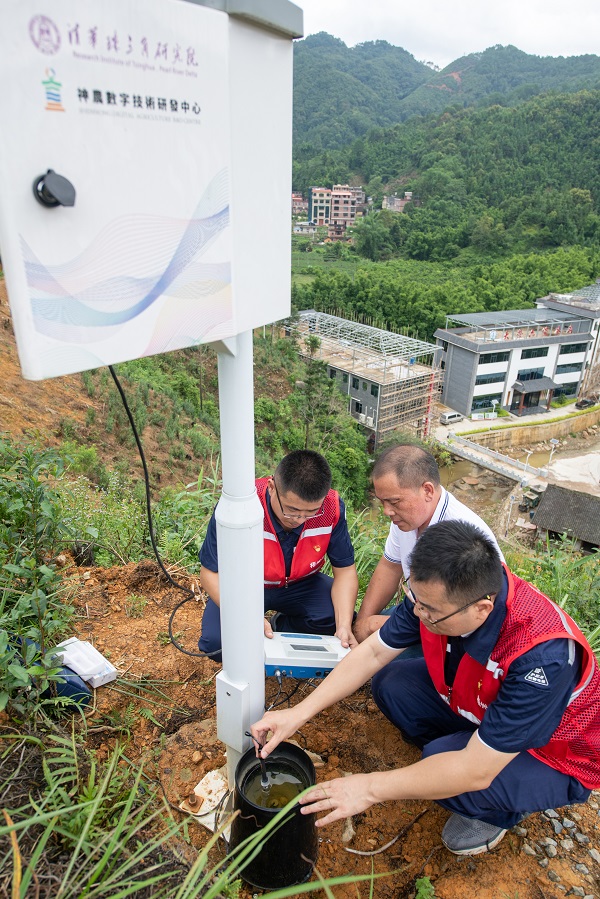 2、2022年8月26日，广西梧州计量所党员服务队在检测数字化六堡茶园内的大气温湿度、土壤酸碱度、土壤电导率等栽培数据监测计量。（何华文）