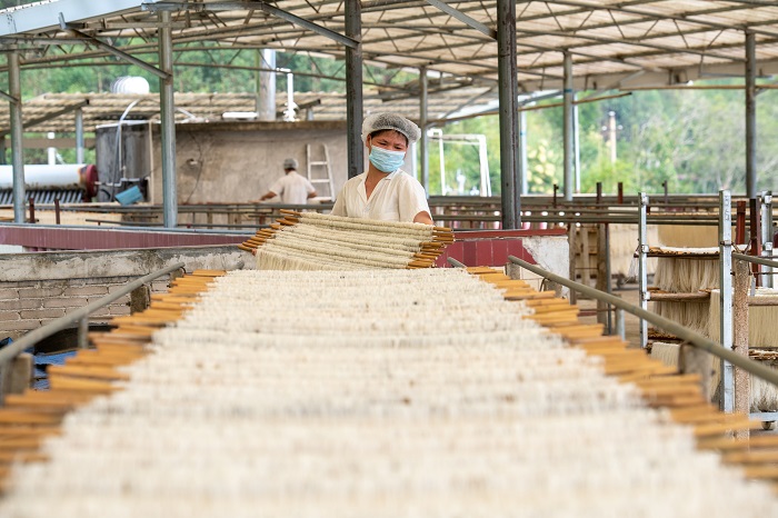 1、2022年9月22日，广西梧州市苍梧县京南米粉厂，工人正在楼顶晾晒米粉。（何华文）