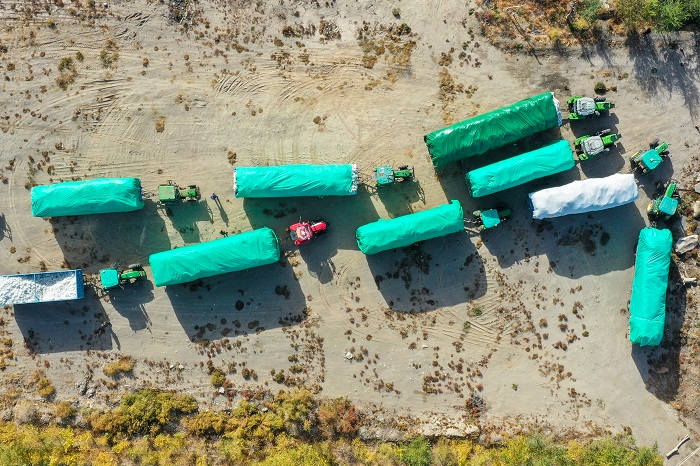 图6：2022年10月17日，新疆维吾尔自治区巴音郭楞蒙古自治州博湖县博斯腾湖乡棉花加工厂门前，一辆辆满载新棉的车辆正在有序排队过磅交售棉花。年磊 摄