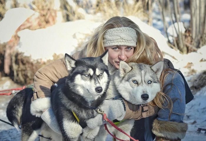 俄罗斯美女与心爱的雪橇狗儿
