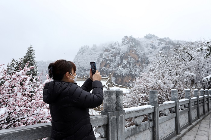 11——4月4日，游客在甘肃省平凉市崆峒山上拍摄雪景。