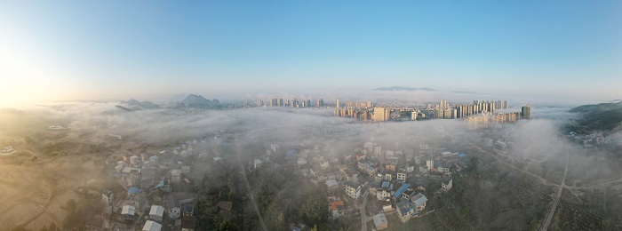 图19：11月28日，在广西柳州市融安县拍摄的平流雾景观。（无人机全景图片，谭凯兴 摄）