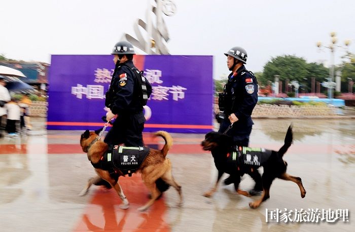 图11：1月7日，在广西柳州市融安县长安广场，警犬训导员携带警犬表演追踪嫌疑人。（谭凯兴 摄）