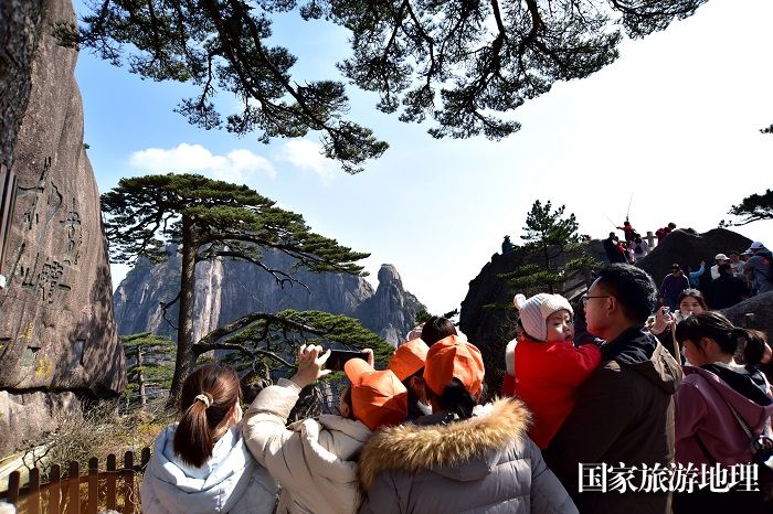 3月12日，游人安徽黄山观赏迎客松。