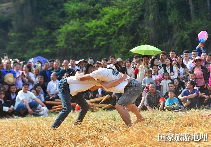 2024年，人们在贵州省黔东南苗族侗族自治州黎平县双江镇坑洞村参加摔跤节活动，欢庆传统节日。 (24)
